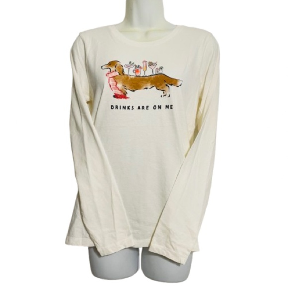 J. Crew Factory Cream Long Sleeve Tee with Dachshund Print Drinks Are On Me NWOT